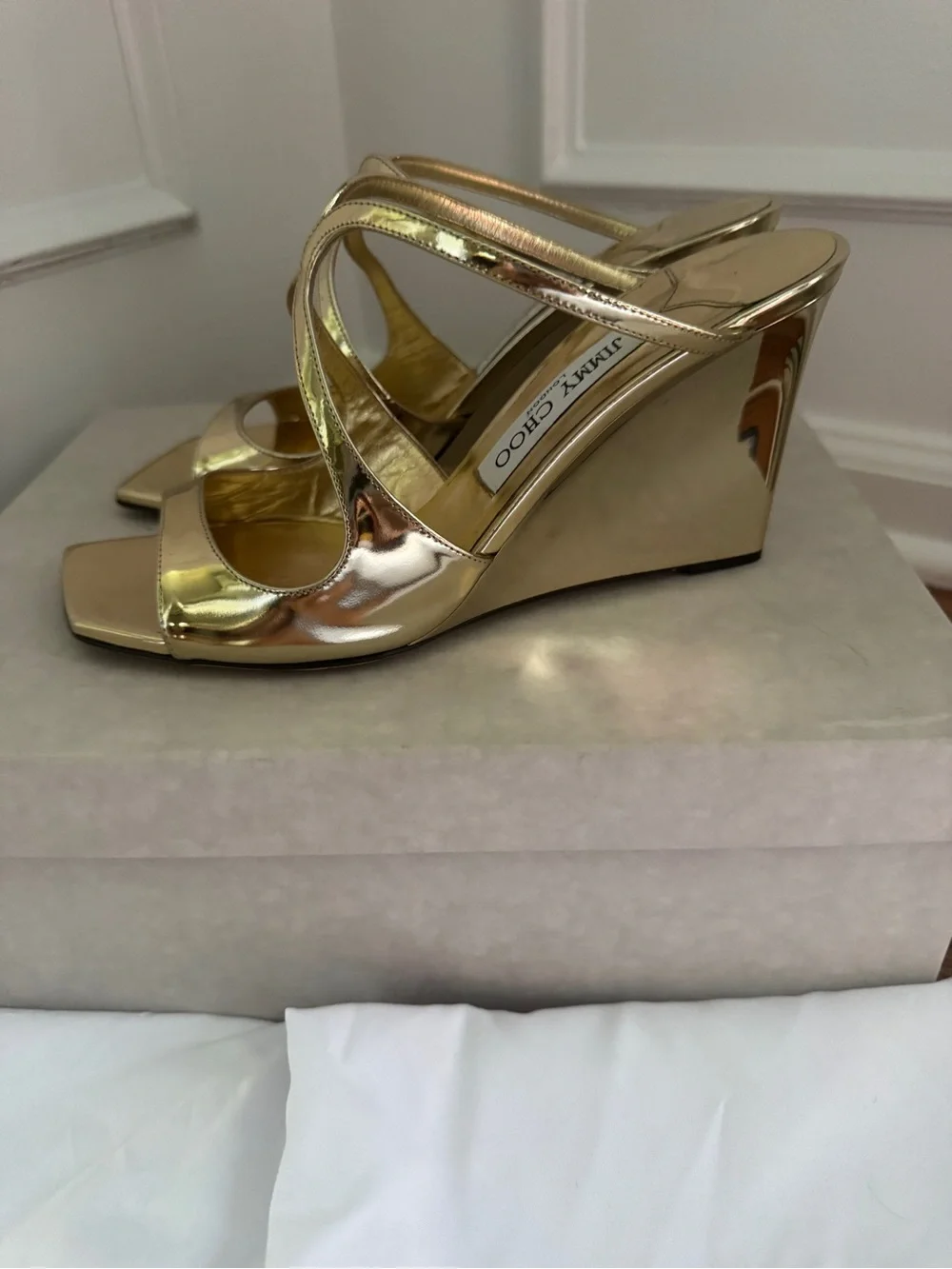 Jimmy Choo Gold Anise Liquid Metal Wedge Sandals 38.5
